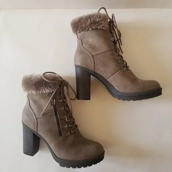 G by Guess Taupe Lace Up Faux Fur Heeled Boots w/ Zipper  size 9 - Picture 9 of 10